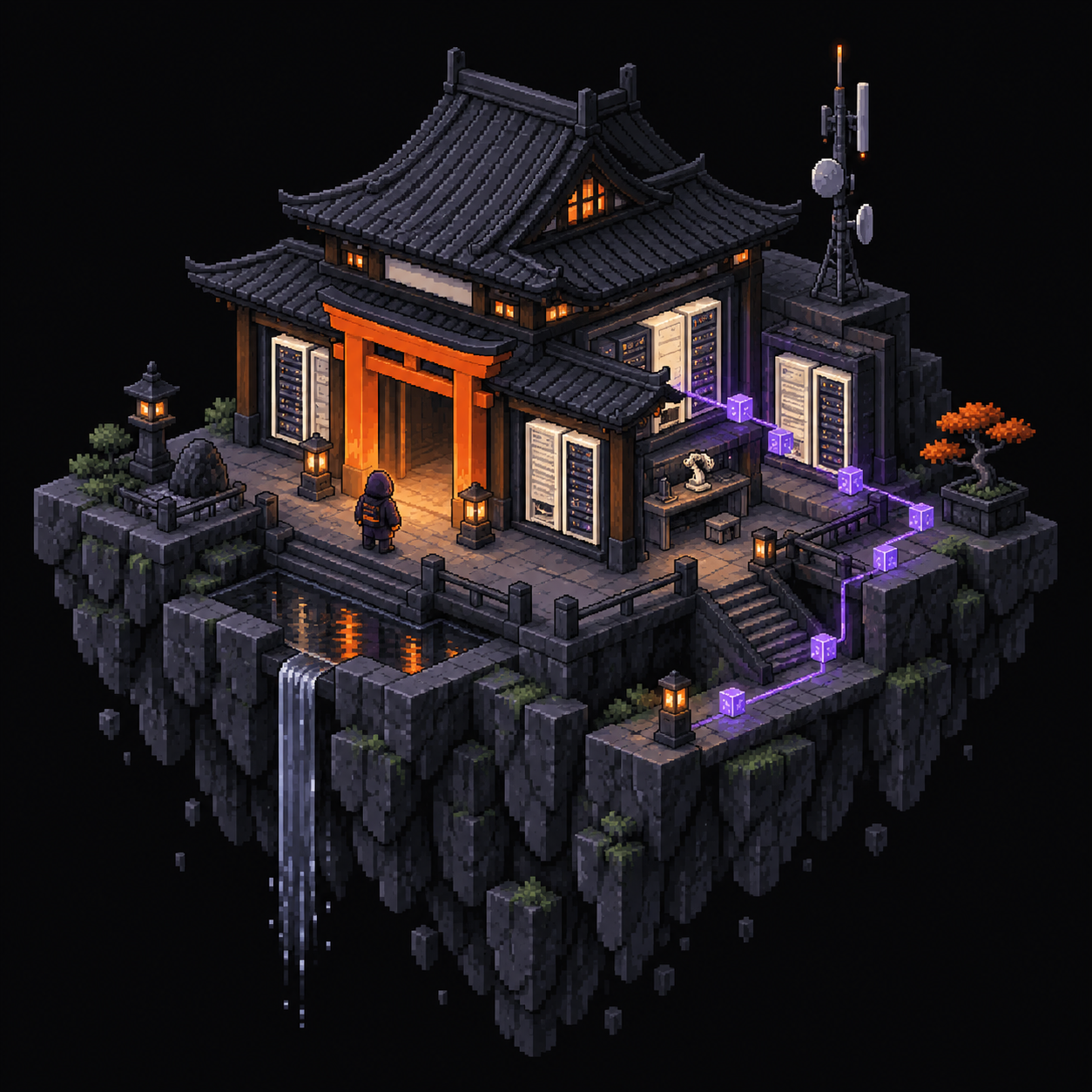 An isometric pixel-art workshop with an orange doorway, ivory servers, and violet data cubes on a floating stone island.